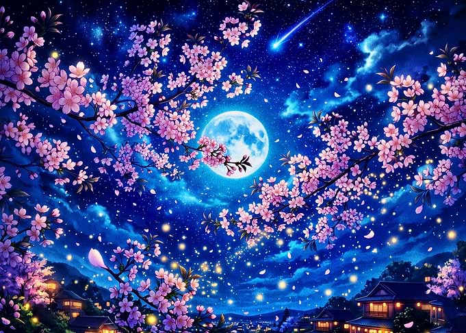 Cherry Blossom Night Sky Art Poster