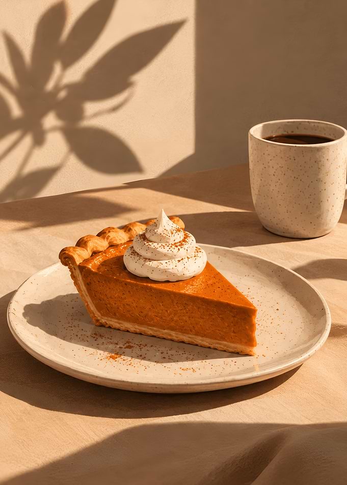 Slice of Pumpkin Pie with Coffee