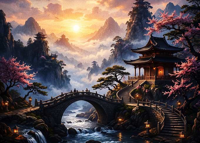 Asian Temple Sunset Landscape Art
