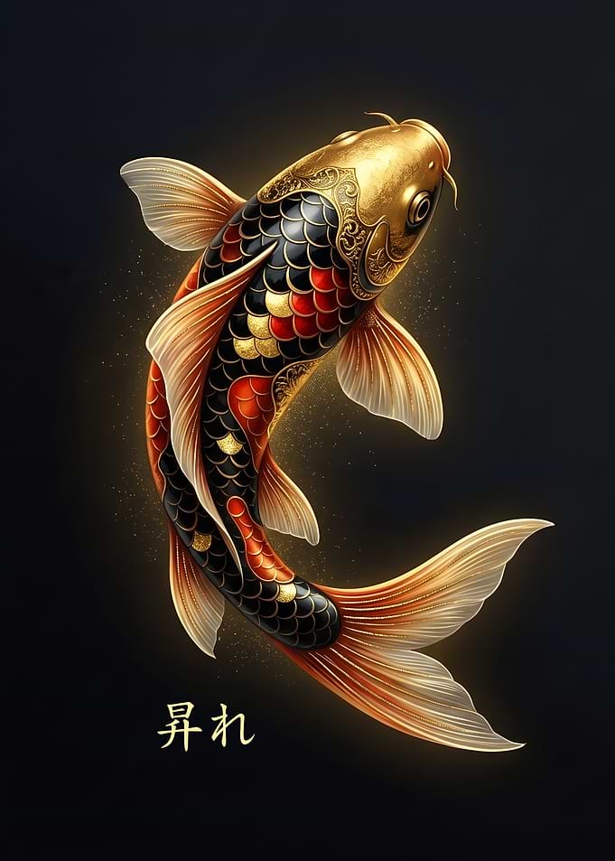 RISE Golden Koi Japanese Kanji Metal Poster Black and Gold Japanese Art