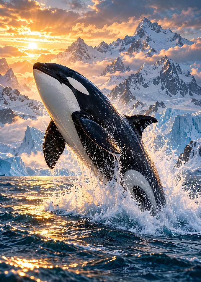 Orca Killer Whale Breaching Arctic Glacier Sea