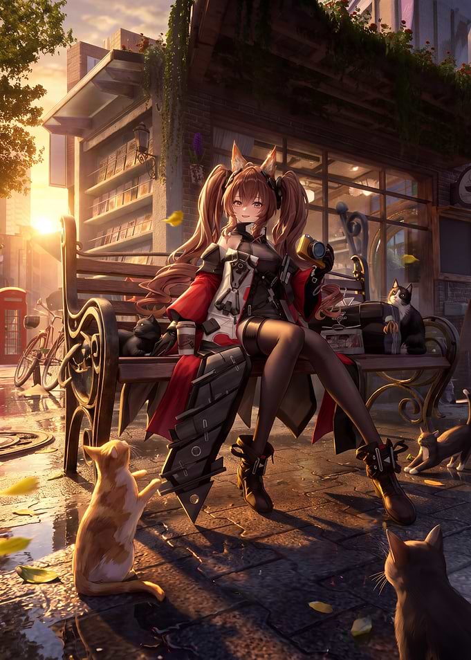 Anime Girl with Cats on Bench