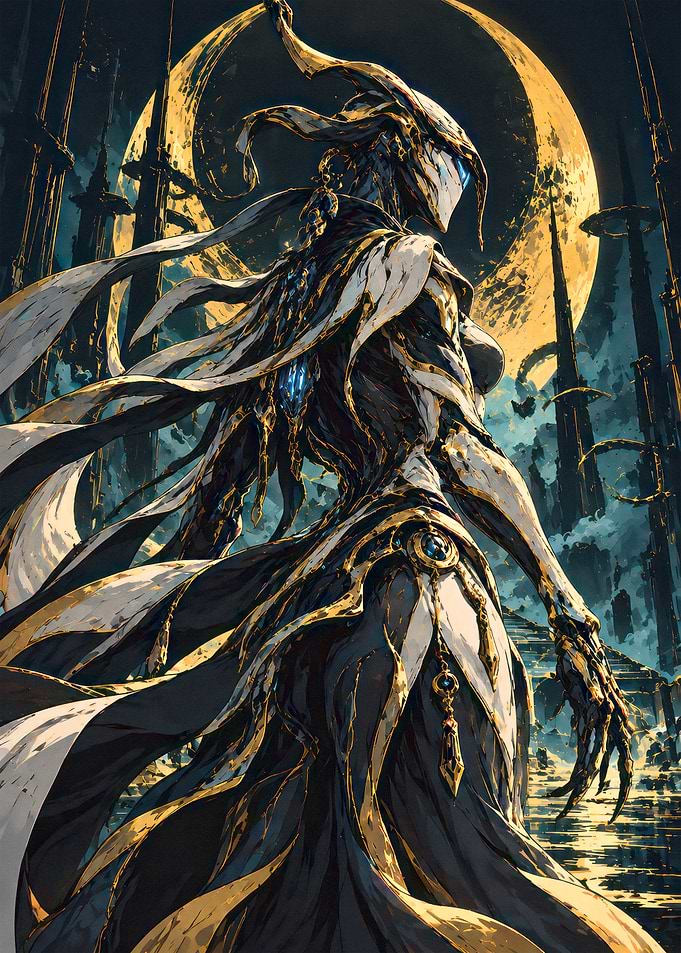 Ethereal Warframe Figure Under Crescent Moon
