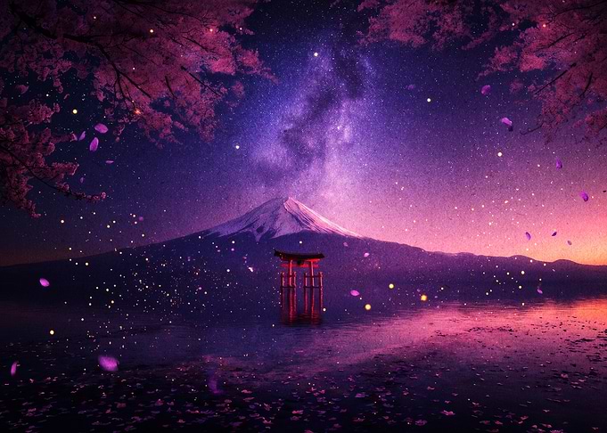 Japan Fuji Sakura Night Art