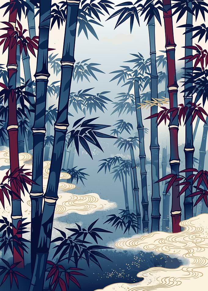 bamboo grove in indigo mist — Japanese Woodblock Art Print