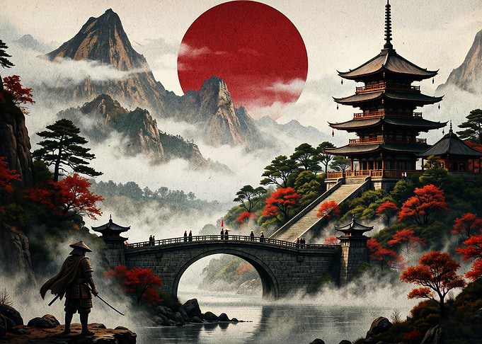 Japan Temple Samurai Red Sun Art