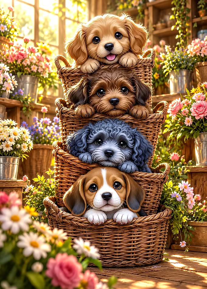 Four Cute Puppies in Wicker Baskets