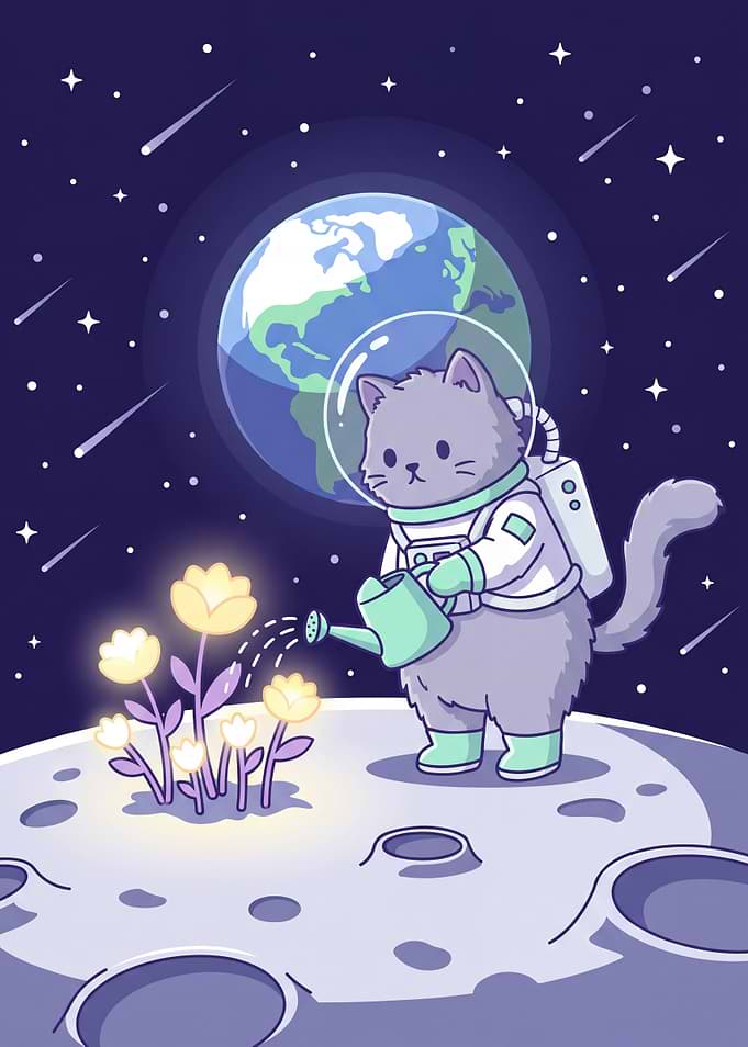 Astronaut Cat Watering a Moon Garden