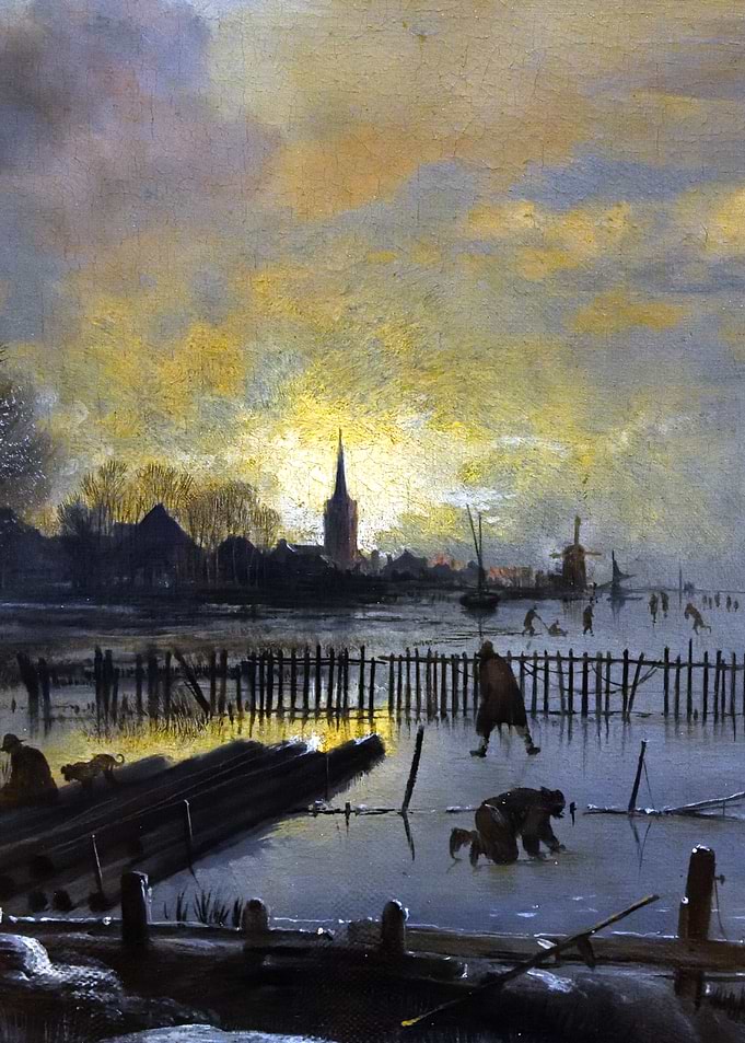 Night Time Winter Landscape with Ice Skaters Painting