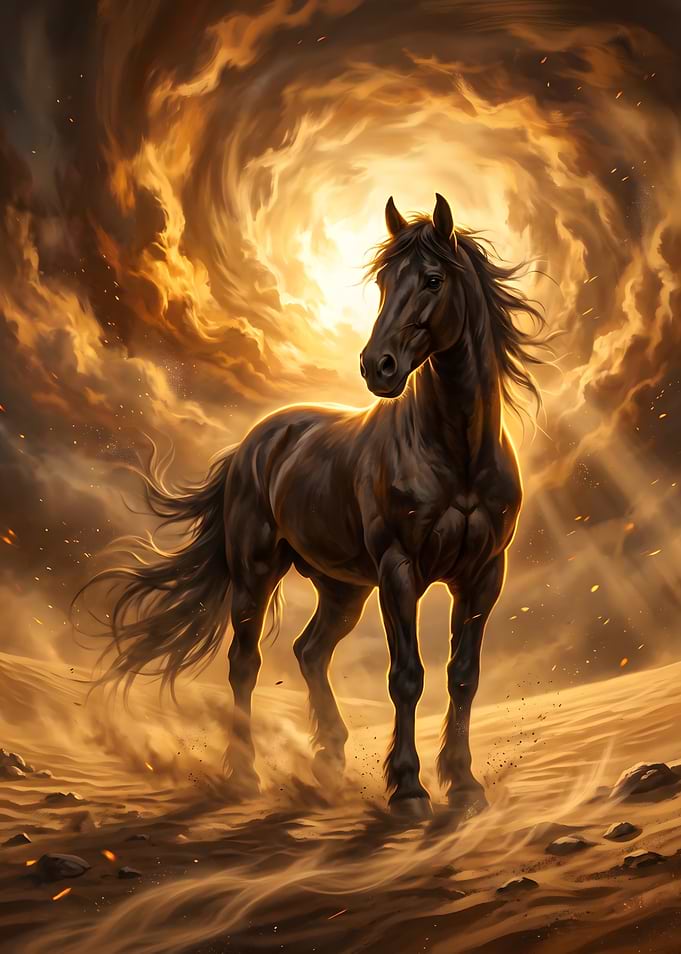 Majestic Black Horse in Golden Storm