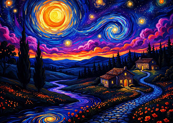 Starry Night Landscape Cosmic Art