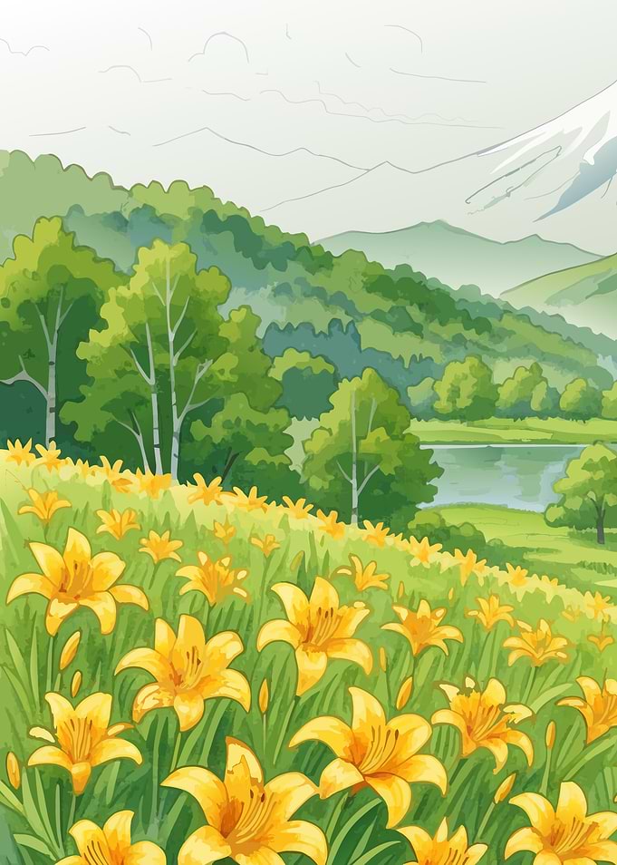 Golden Daylilies and Distant Mount Fuji