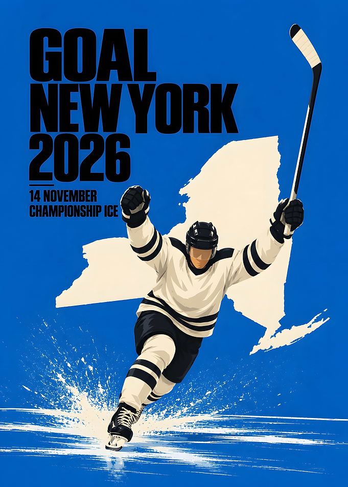 New York Hockey Goal Celebration Blue Poster