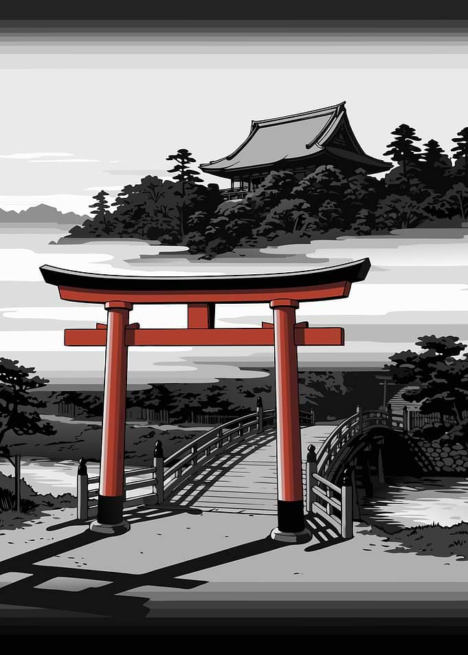 Japanese Torii Gate and Bridge