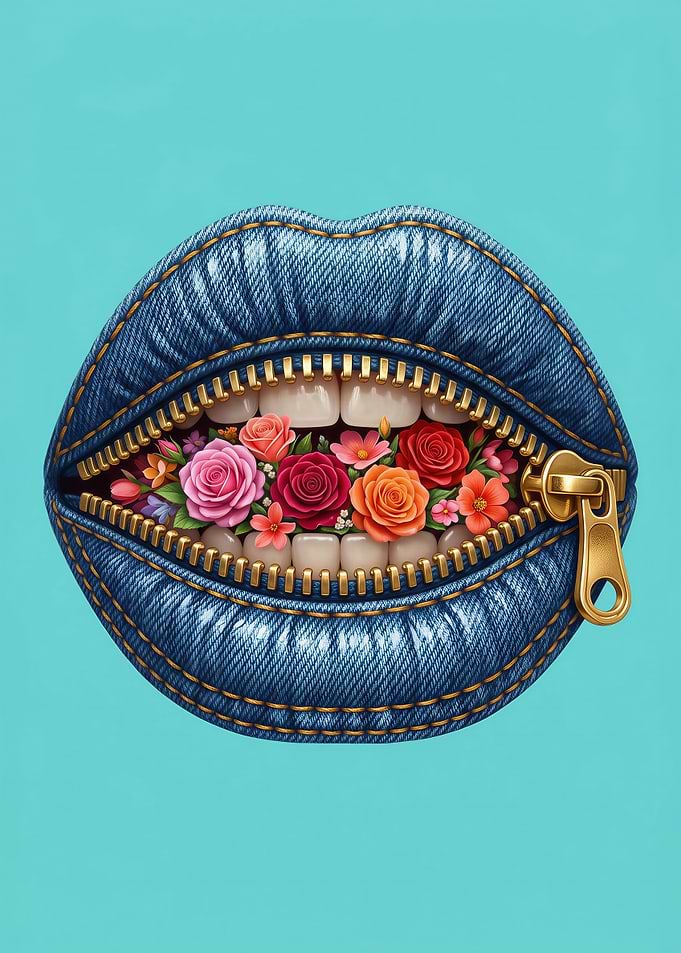 Denim Lips with Floral Mouth