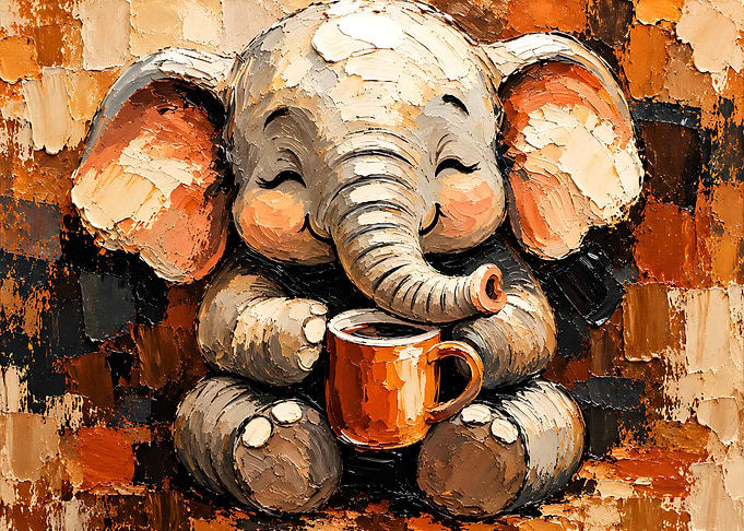 Cute Elephant Holding Coffee Mug Painting