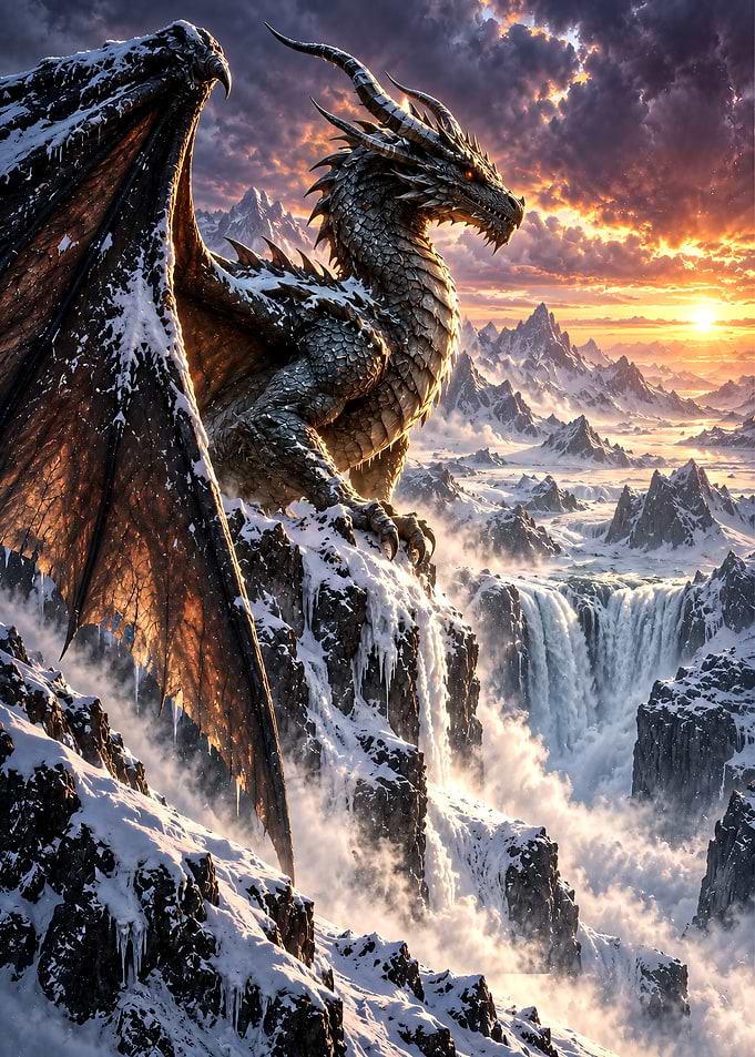 Majestic Dragon Perched on Snowy Peak