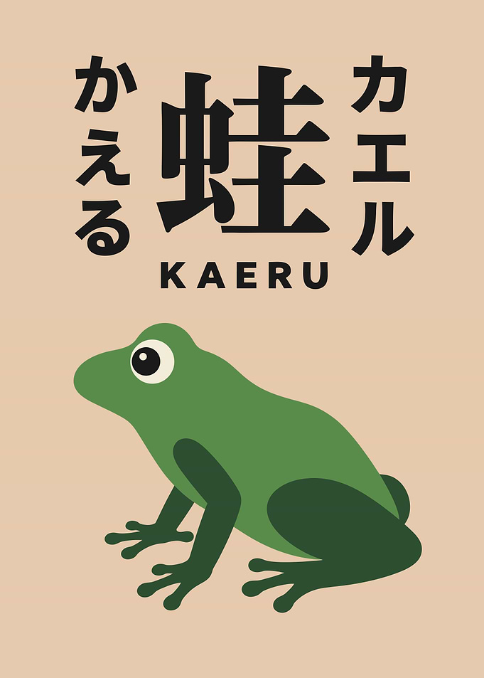 Sitting Green Frog Japanese Kanji Poster on Warm Sand