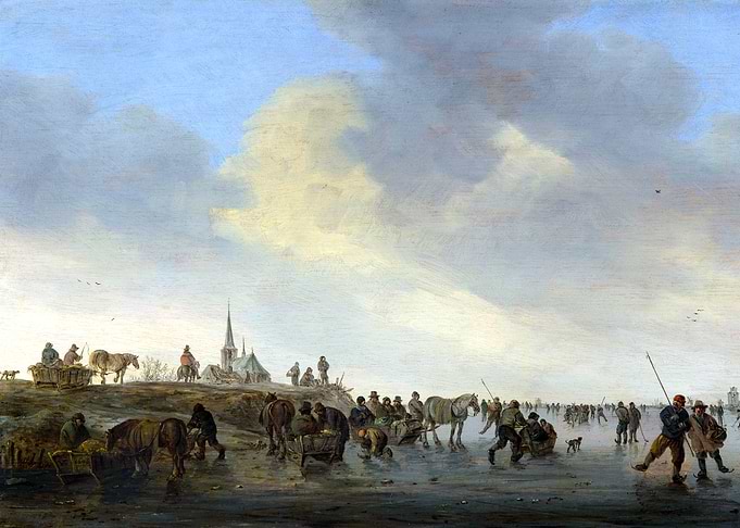 Ice Skating on the Merwede near Dordrecht by Jan van Goyen Winter Landscape Painting