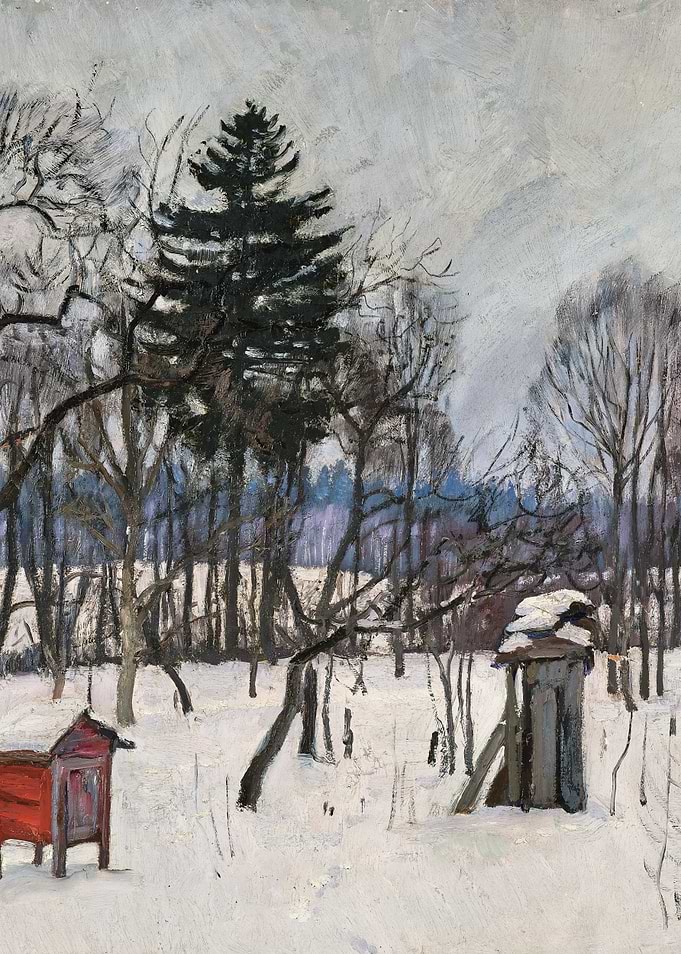 Winter Landscape with Red Beehive