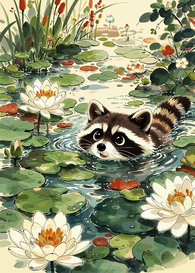 Cute Raccoon Swimming in Pond