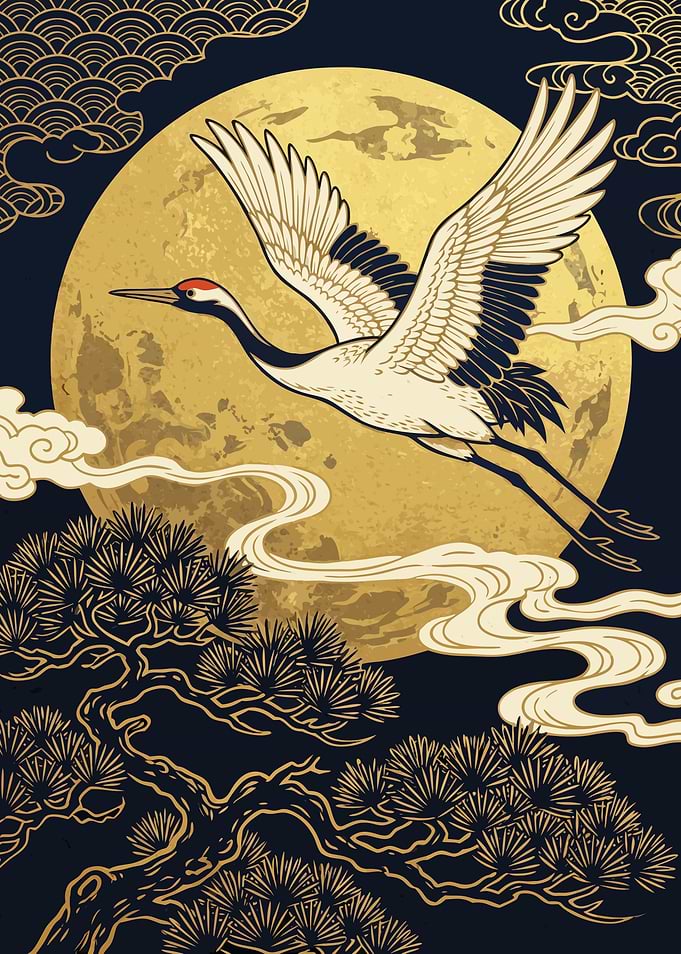 Japanese Crane Flying Before Golden Moon