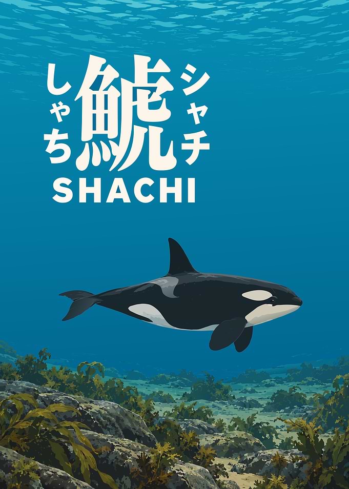 Orca in Clear Blue Water - Japanese Kanji Art