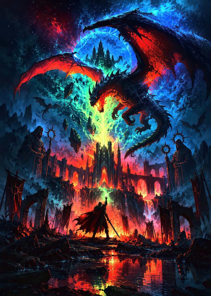 Epic Dragon Over Dark Fantasy Castle
