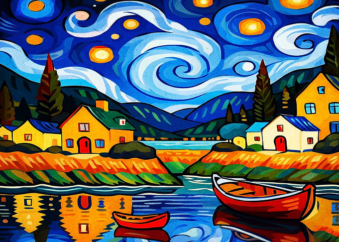 Starry Village Night Art Poster