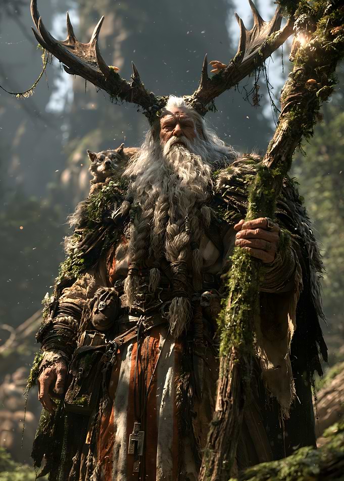 Ancient Forest Druid Guardian with Antlers and Wolf