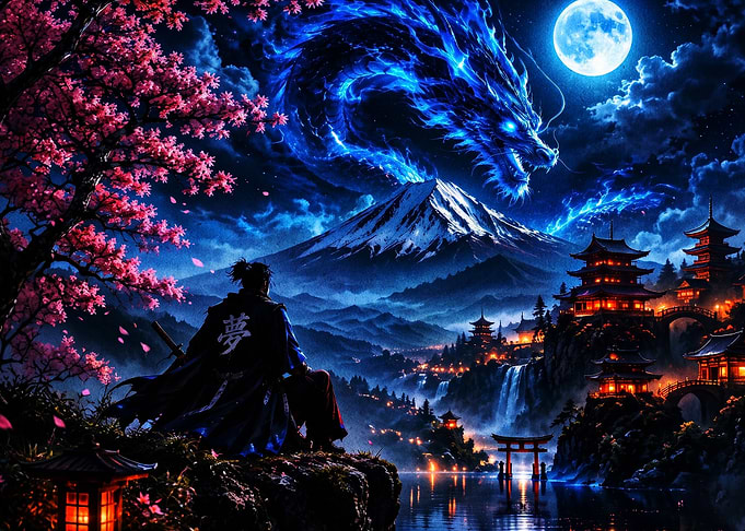 Dragon Samurai Japan Moon Art