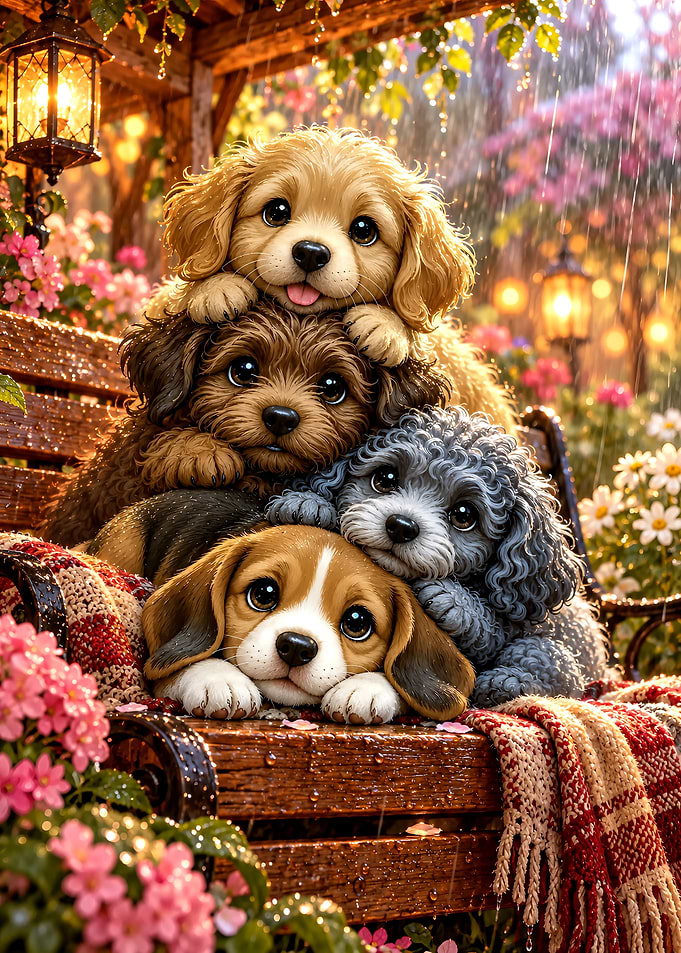 Four Adorable Puppies Cuddling on Bench