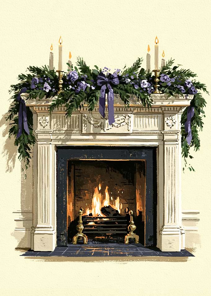 Fireplace Mantel with Greenery Garland and Warm Glowing Fire, Cosy Christmas Hearth Illustration