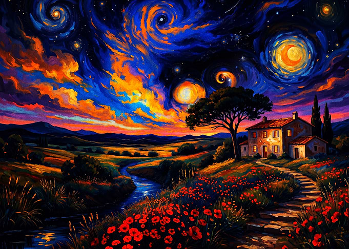 Starry Night House Landscape Art