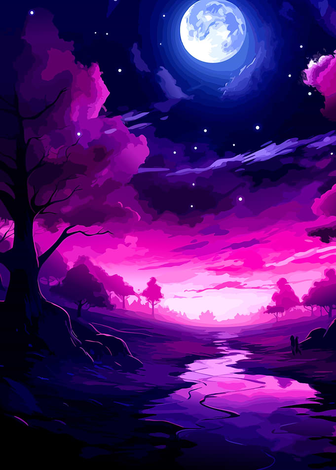 Vibrant Purple Moonlit Forest Landscape