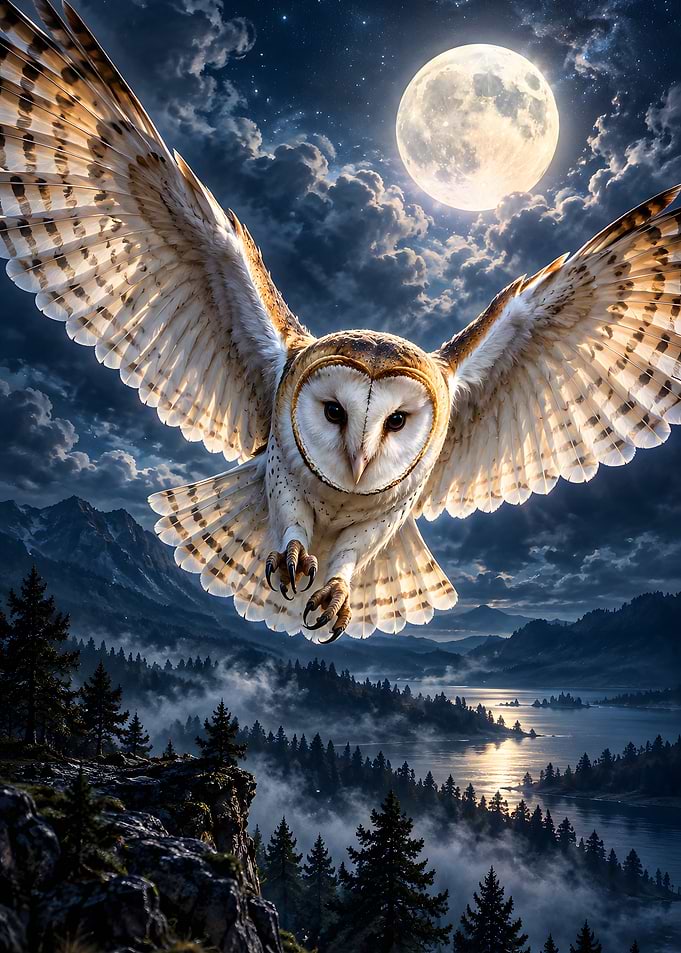 Barn Owl In Flight Under Full Moon Forest