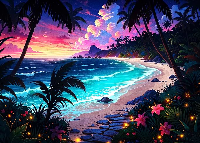Tropical Beach Sunset Art Poster