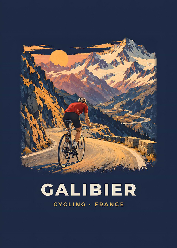 Galibier Vintage Cycling Poster Alpine Sunset