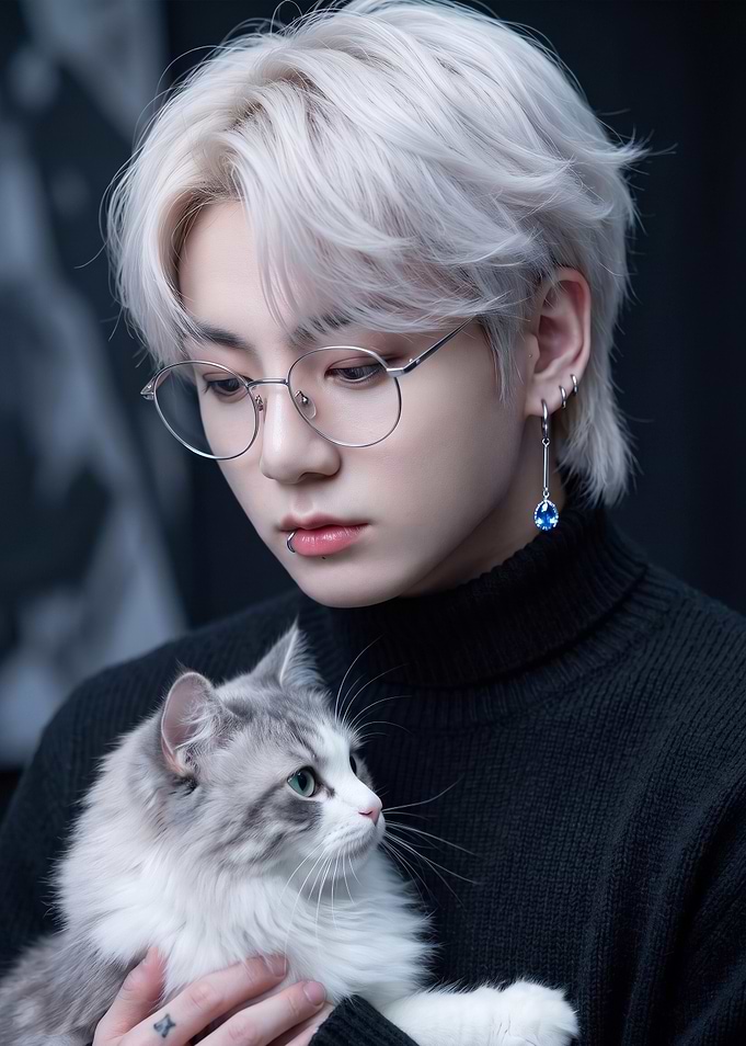 Jungkook with a Fluffy Cat