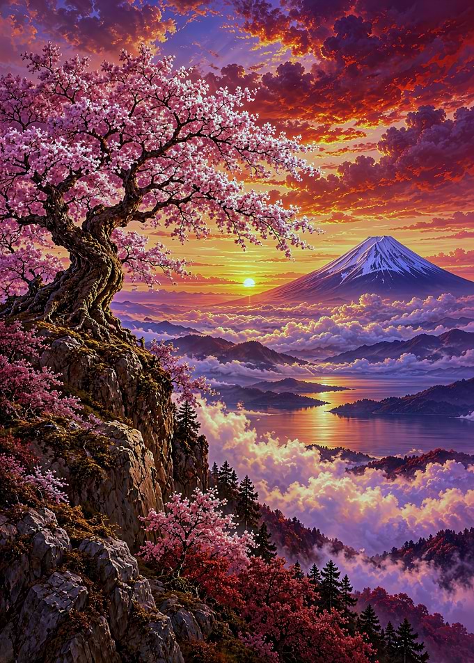 Mount Fuji Sunset with Cherry Blossoms