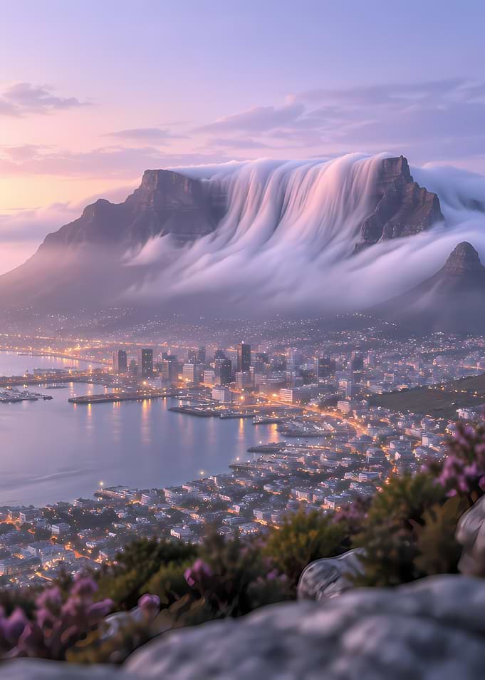 Table Mountain Cloud Waterfall at Sunset