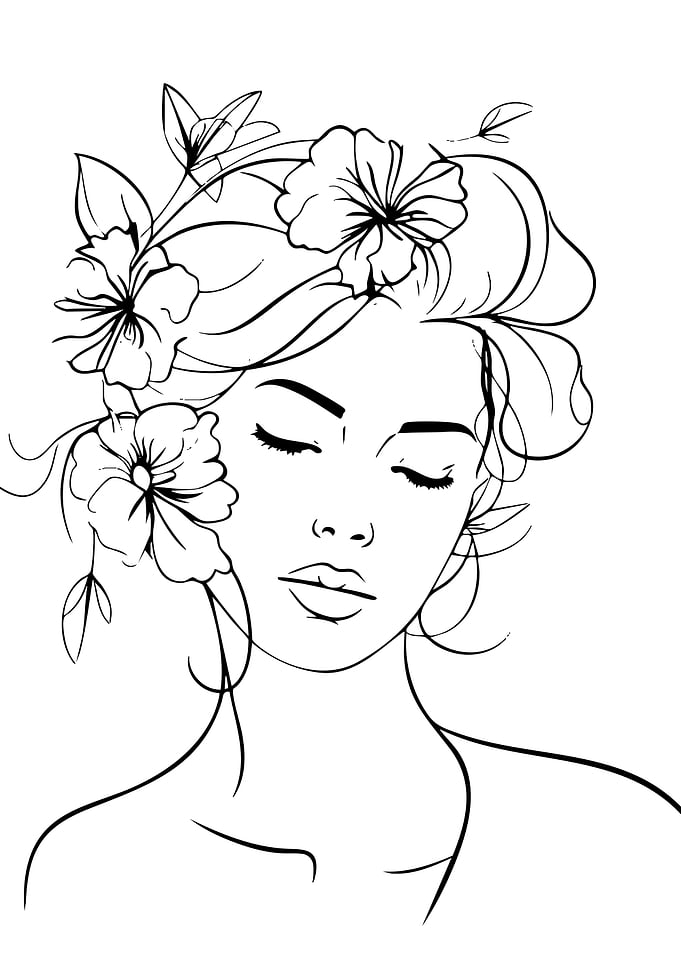 Minimalist Line Art Woman with Flowers