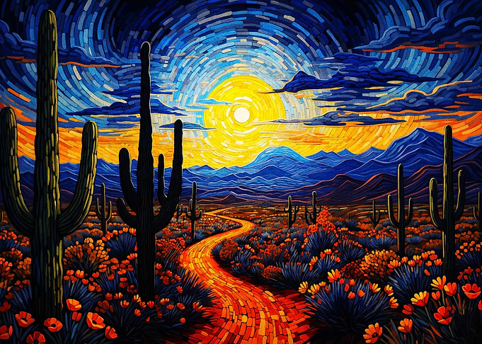 Desert Cactus Sunset Van Gogh Art