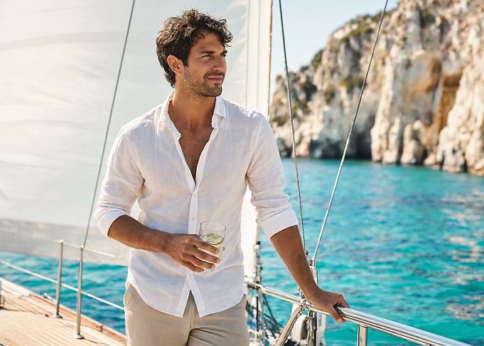 Man in Linen Shirt on Sailboat
