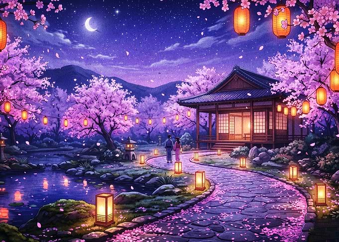 Japan Cherry Blossom Temple Art
