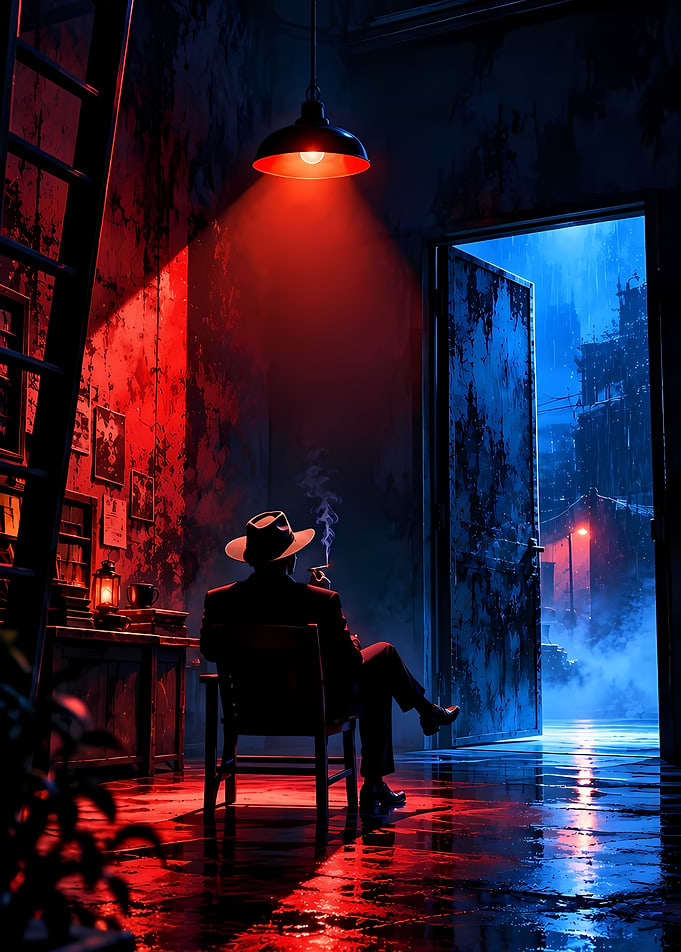 Noir Detective Smoking in Dark Office