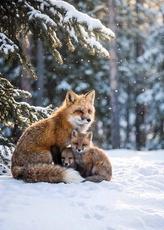 Mother Fox and Kits in Snow