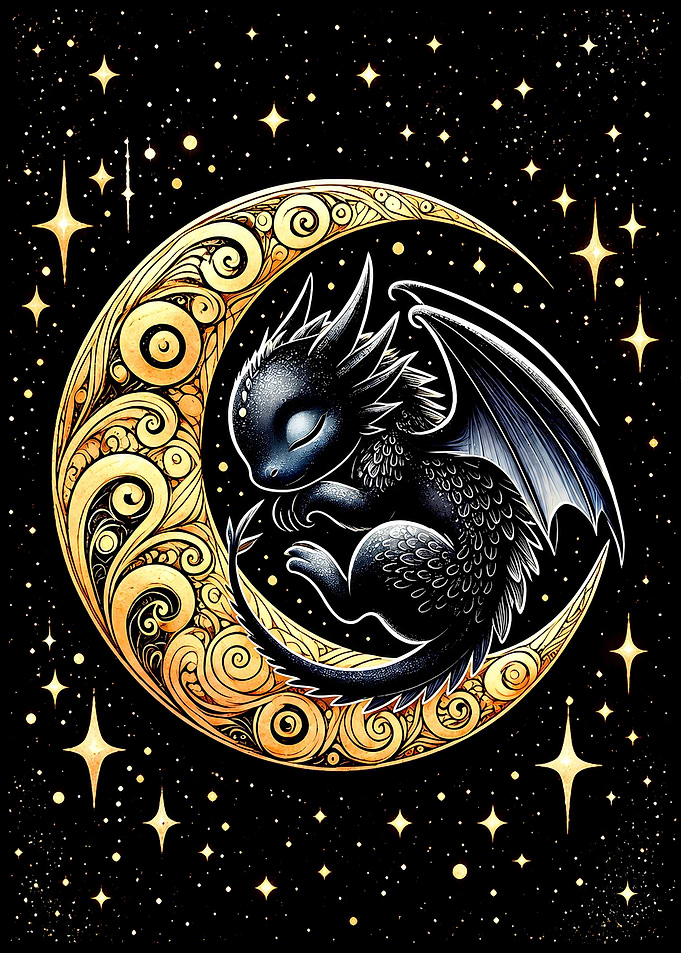 Sleeping Baby Dragon on Crescent Moon