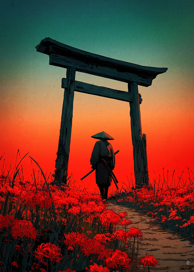 Samurai Standing Under Torii Gate