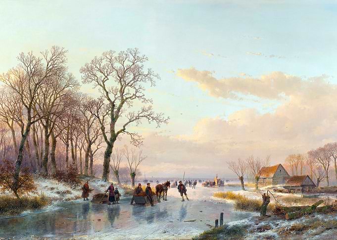 Ice Skating on a Frozen Canal Winter Snow Landscape Painting